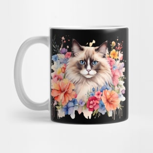 A ragdoll cat decorated with beautiful watercolor flowers Mug